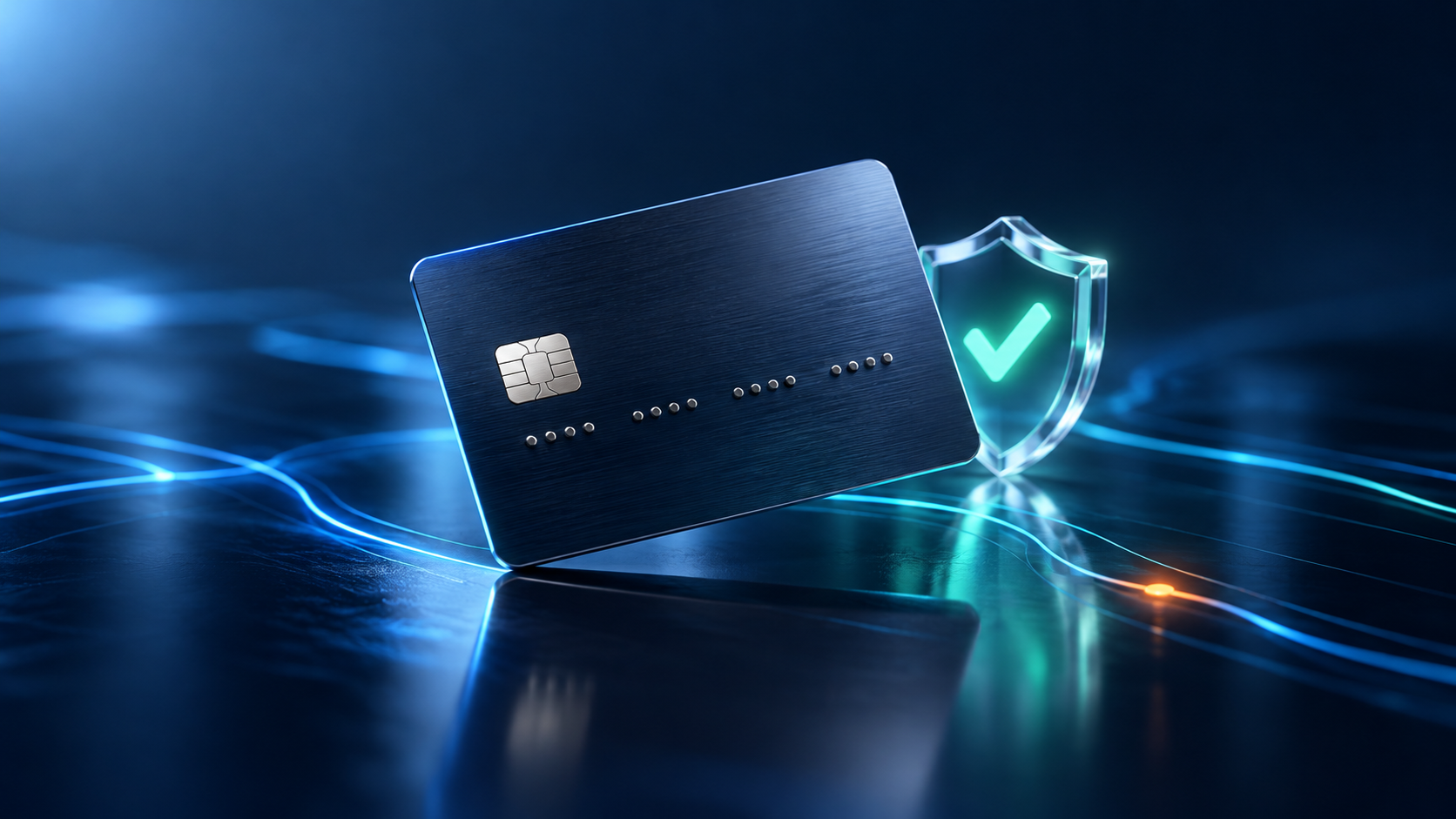 Modern bank card and illuminated security shield on a deep blue background