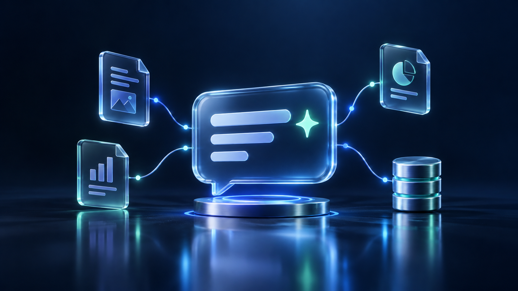 Blue glass AI conversation panel connected to company documents and a database