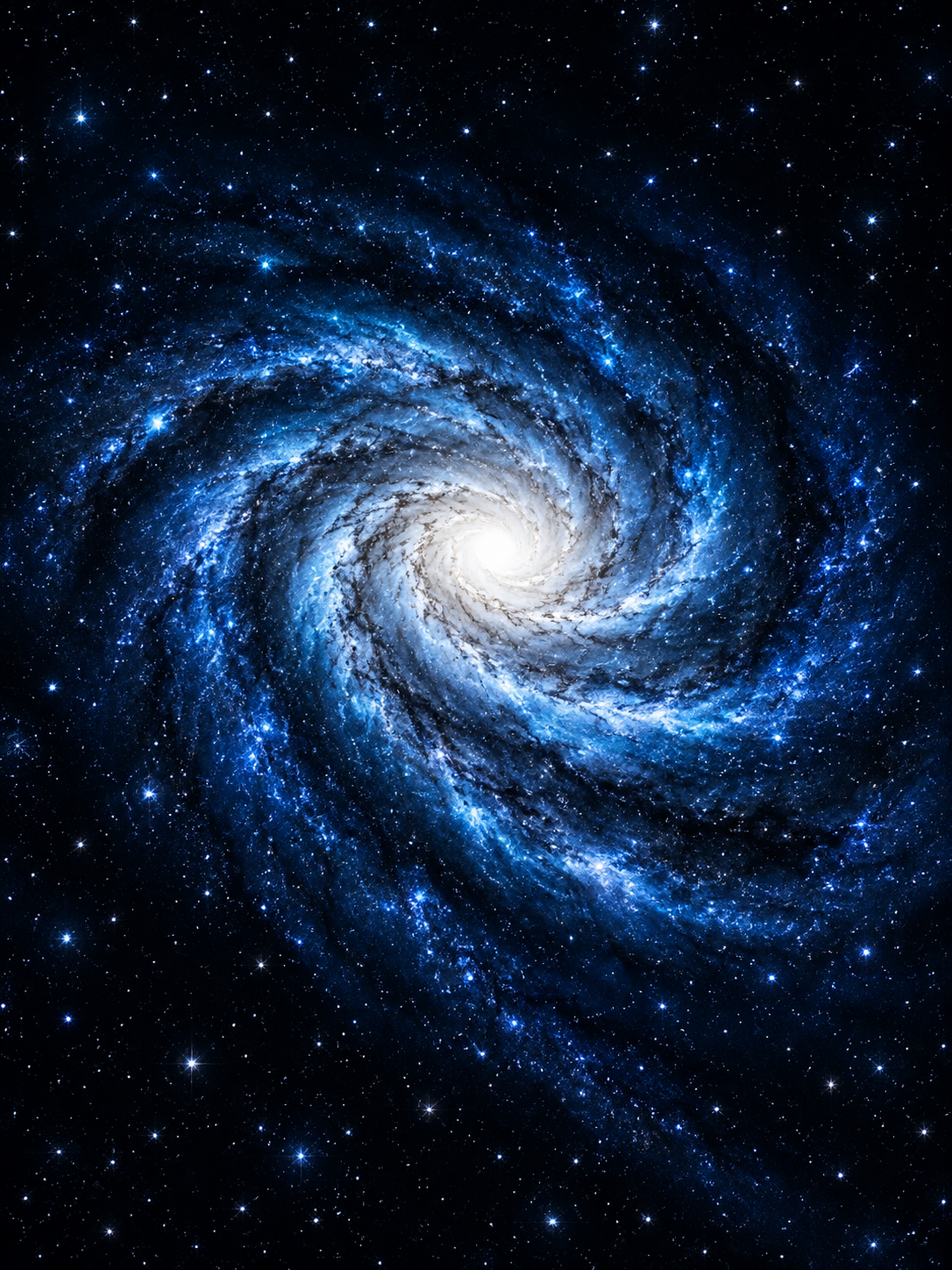 Electric-blue spiral galaxy with a luminous white core and white stars