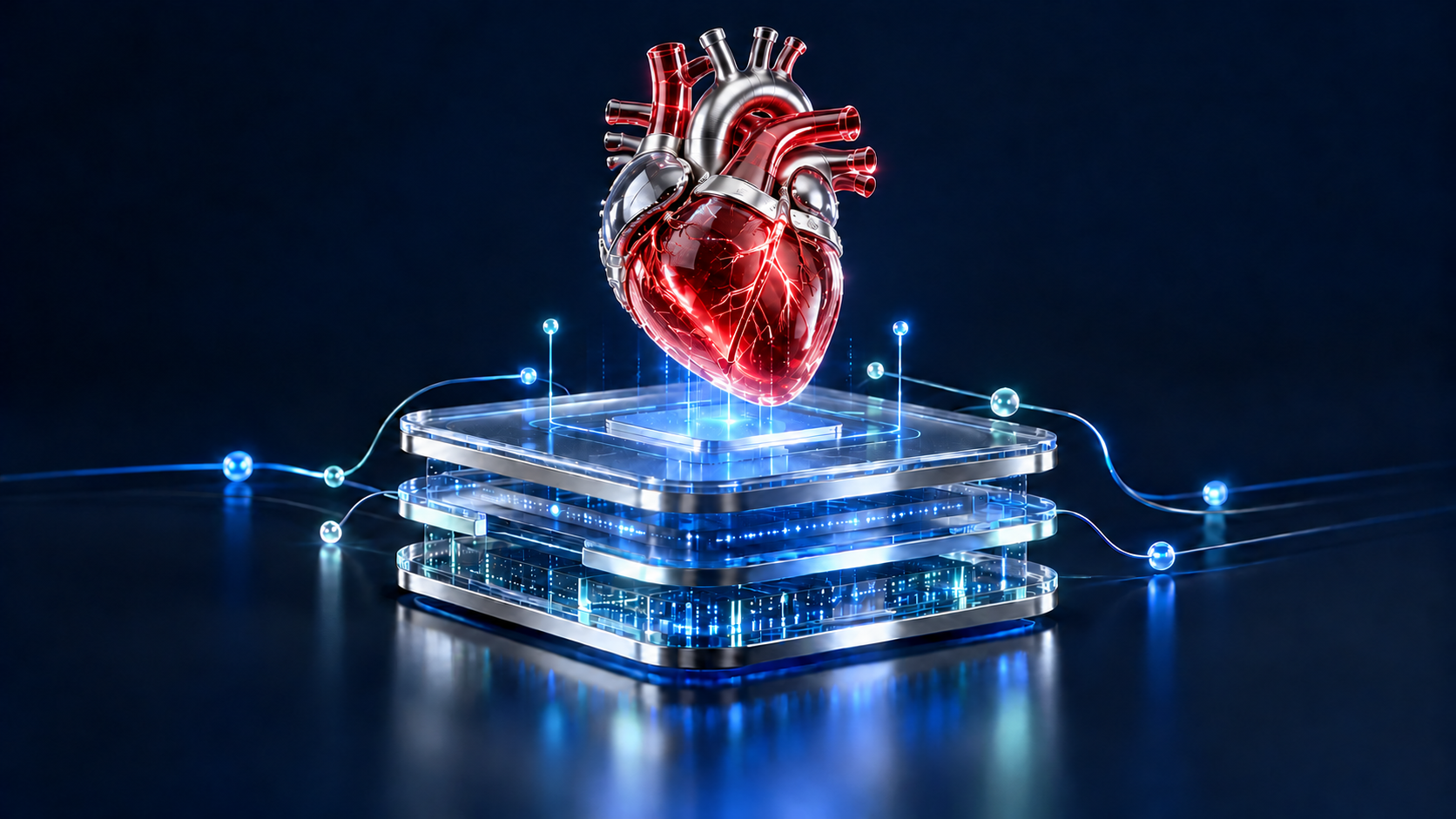 Red crystal artificial anatomical heart above blue connected data layers