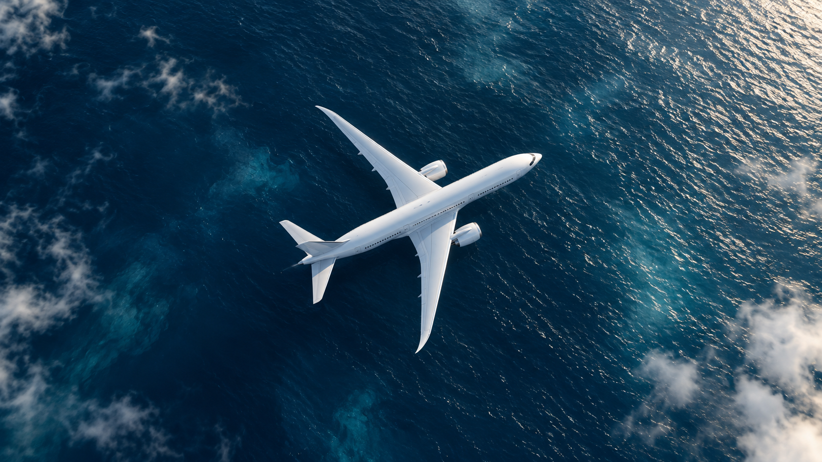 White cargo airplane flying above a deep blue ocean