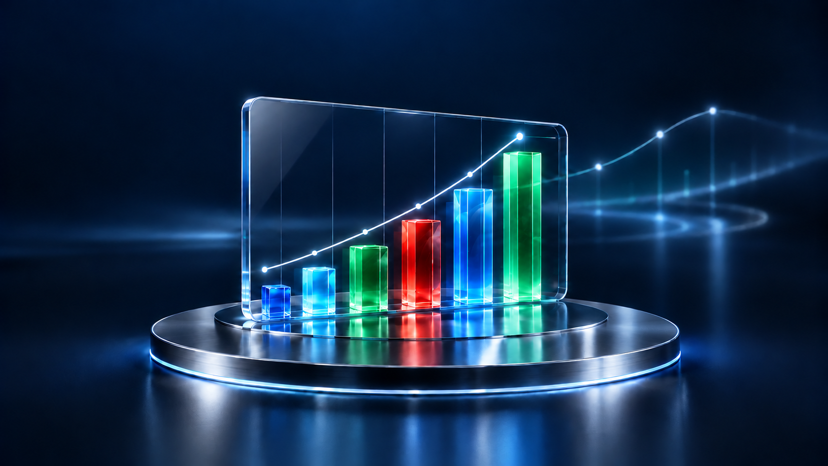 Blue, green and red crystal chart bars with a luminous forecasting line